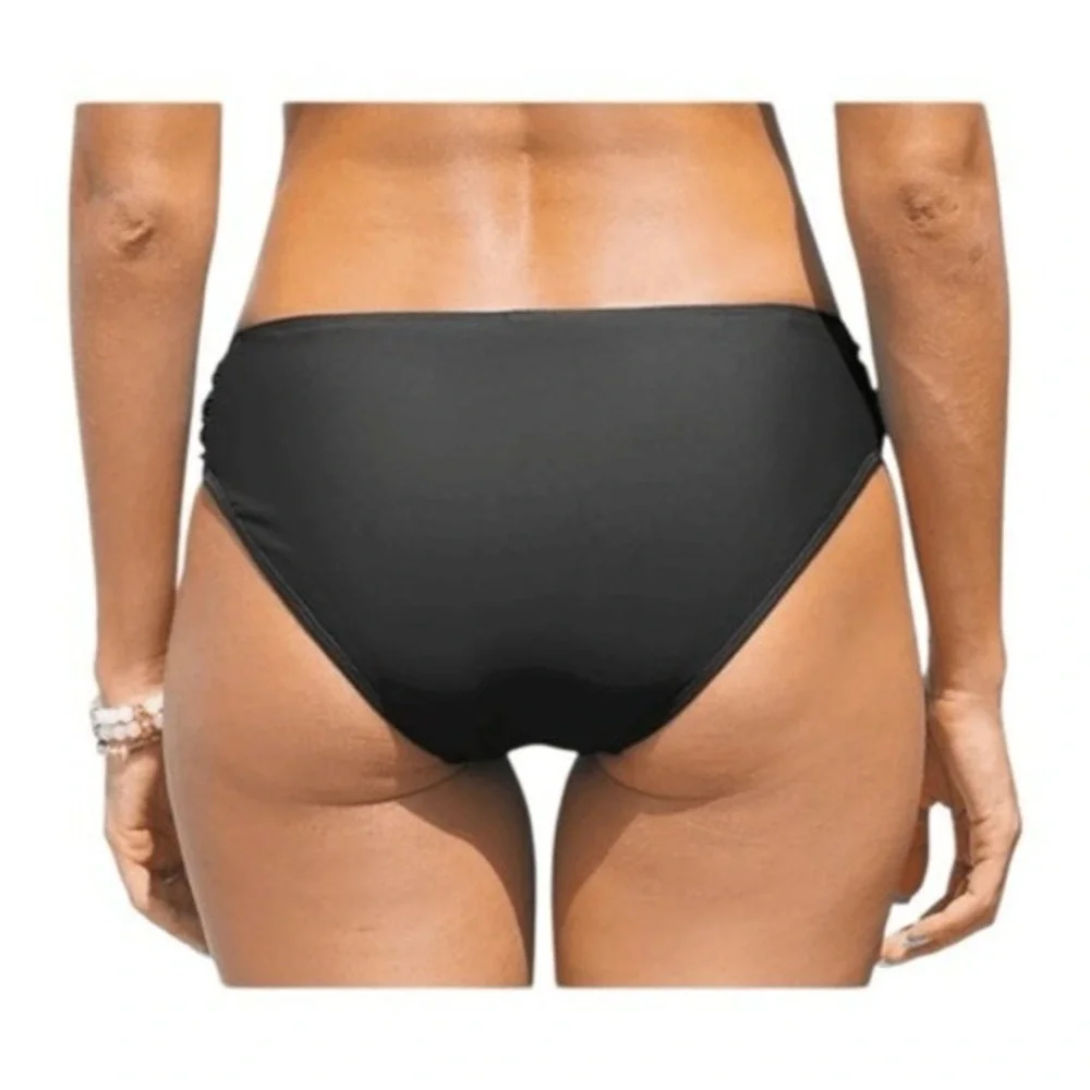 Black Ruched Bikini Bottom Low Rise Full Coverage Knit Bathing Suit‎ Swim Bottom